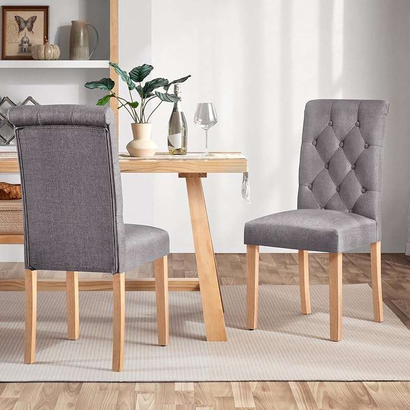Yaheetech Upholstered Dining Chairs Set of 2, Button Tufted High Back Parsons Chair with Solid Wood Legs, Modern Fabric Kitchen Side Chair, Dark Gray - Image 2