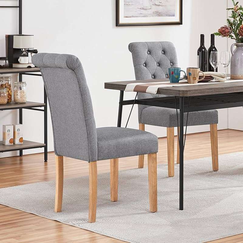 Yaheetech Upholstered Dining Chairs Set of 2, Button Tufted High Back Parsons Chair with Solid Wood Legs, Modern Fabric Kitchen Side Chair, Dark Gray - Image 4
