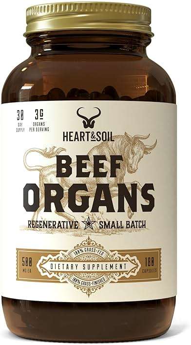HEART & SOIL – 100% Grass Fed & Finished Beef Organs from Regenerative Cattle with Liver, Heart, Kidney, Pancreas & Spleen – 3000mg Beef Organ Supplement for Women & Men – Glass Bottle – 180 Capsules - Image 1
