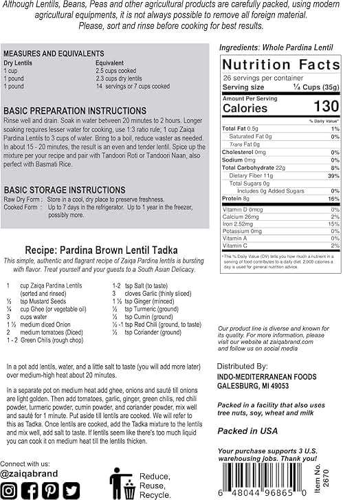 Zaiqa Pardina Brown Lentils or Whole Spanish Lentils | Make Kitchari, Vegan Soups, Stews, Salads & Indian Curry With Unique Nutty Flavor | Naturally Non-GMO, Nutritious & Pacific Northwest Grown - 2 LBS - Image 2