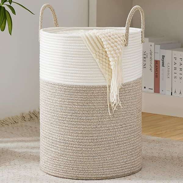 Cotton Rope Laundry Basket by YOUDENOVA, 58L Woven Collapsible Laundry Hamper, Clothes Hamper with Reinforced Handles in the Laundry Room, Bedroom, Bathroom, Brown - Image 1