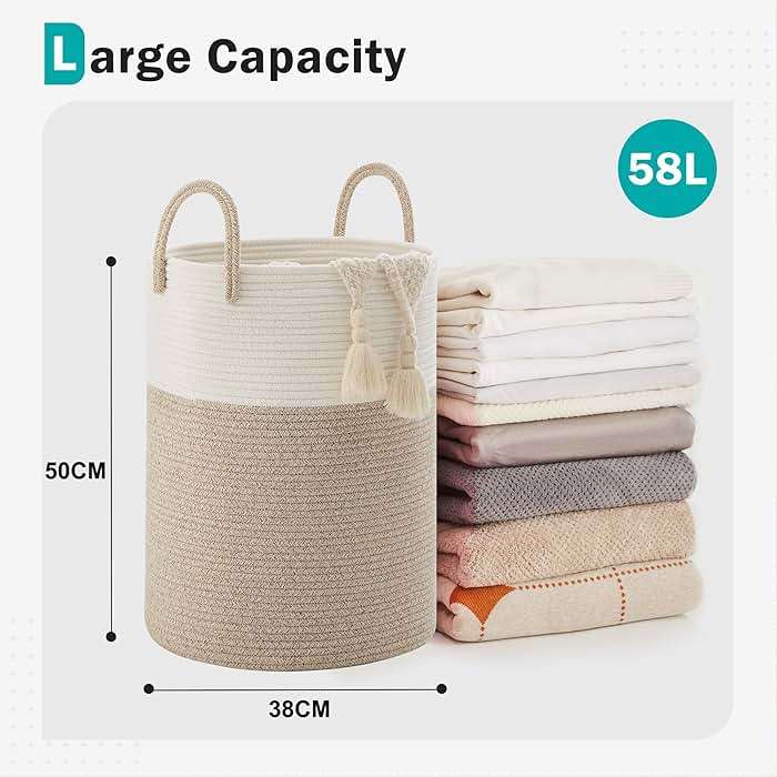 Cotton Rope Laundry Basket by YOUDENOVA, 58L Woven Collapsible Laundry Hamper, Clothes Hamper with Reinforced Handles in the Laundry Room, Bedroom, Bathroom, Brown - Image 2
