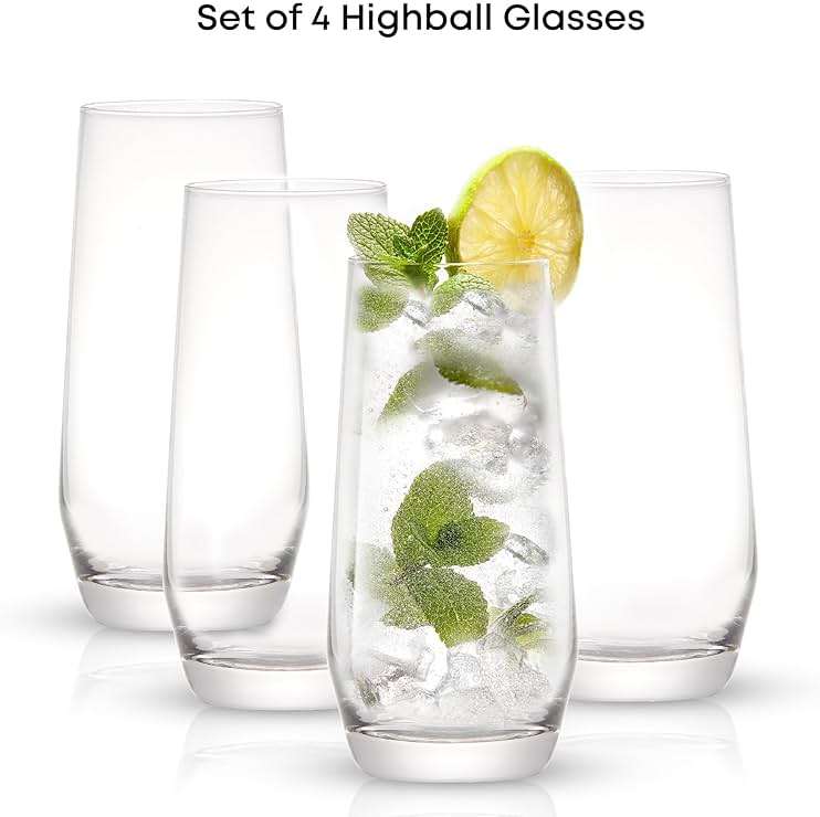 JoyJolt Gwen 18.5 oz Highball Glasses, 4pc Tall Glass Sets. Lead-Free Crystal Glass Drinking Glasses. Water Glasses, Mojito Glass Cups, Tom Collins Bar Glassware, and Mixed Drink Cocktail Glass Set - Image 5