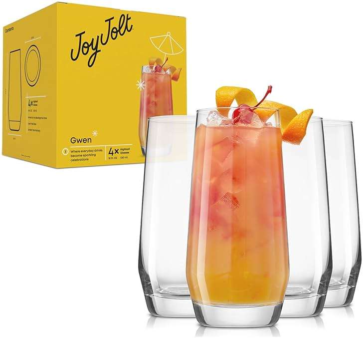 JoyJolt Gwen 18.5 oz Highball Glasses, 4pc Tall Glass Sets. Lead-Free Crystal Glass Drinking Glasses. Water Glasses, Mojito Glass Cups, Tom Collins Bar Glassware, and Mixed Drink Cocktail Glass Set - Image 8