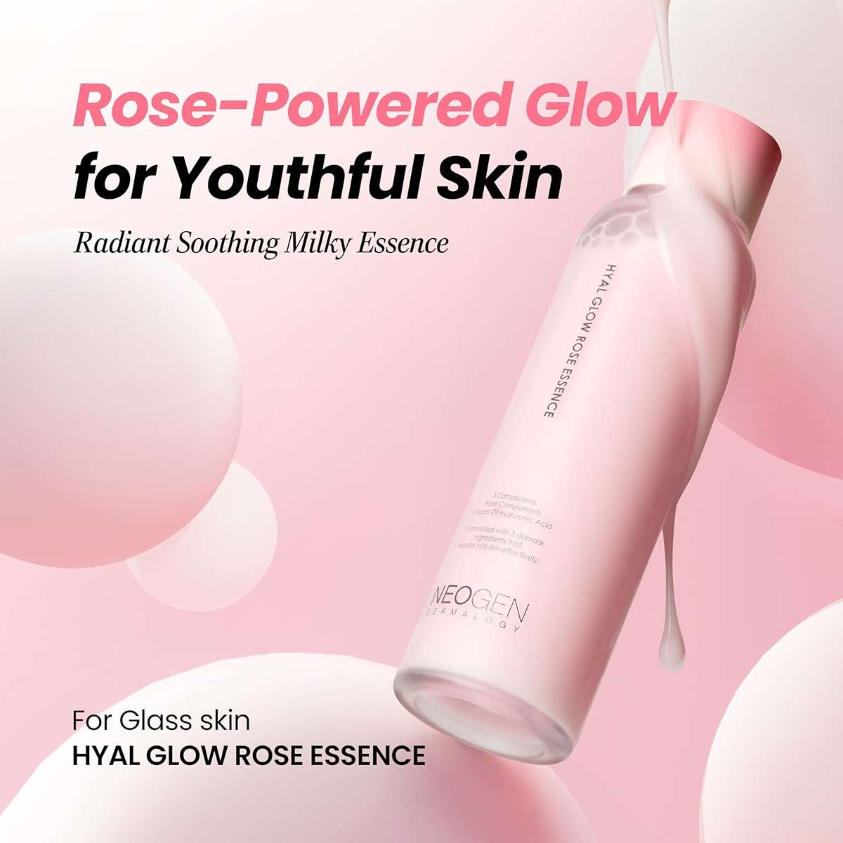 DERMALOGY by NEOGEN Hyal Glow Rose Essence, Milky Toner - 74% Damask Rose Water Hydrating Essence with 8 Types of Hyaluronic Acid for Dewy, Plump, Glowing Skin, Korean Skin Care 5.41 oz (160ml) - Image 2