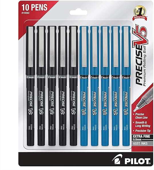 PILOT Precise V5 Rolling Ball Pen Extra Fine Point 0.5mm, 5 Black and 5 Blue Liquid Ink Rollerball Pens. pack of 10 - Image 1