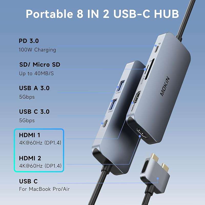 Docking Station for MacBook Pro Air,USB C Docking Station Dual Monitor,Dual HDMI Adapter Hub for Mac MacBook Pro with 2 HDMI(4K @60Hz), 3 USB3.0,SD TF Card Reader and 100W PD USB C Port - Image 3