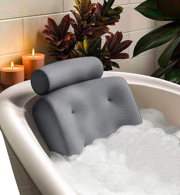 Everlasting Comfort Luxury Bath Pillows for Tub with Head and Neck Support - Non-Slip Bathtub Pillow with Suction Cups, Quick-Drying Mesh & Drying Hook - Jacuzzi & Spa Accessories for Women - Gray - Image 1