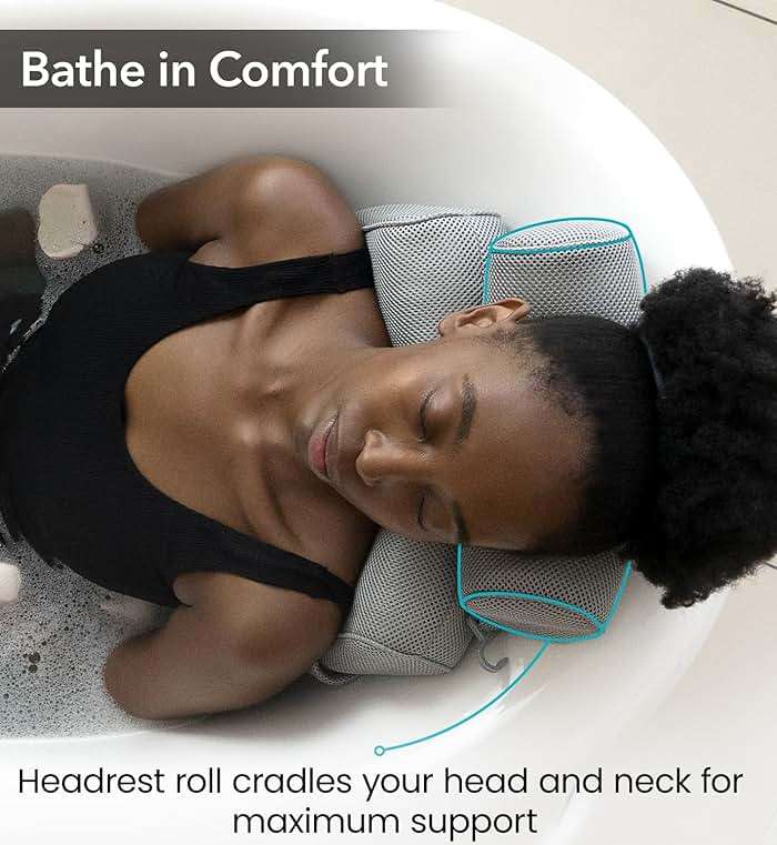 Everlasting Comfort Luxury Bath Pillows for Tub with Head and Neck Support - Non-Slip Bathtub Pillow with Suction Cups, Quick-Drying Mesh & Drying Hook - Jacuzzi & Spa Accessories for Women - Gray - Image 3