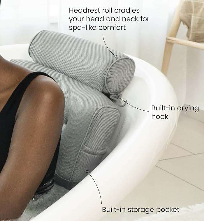 Everlasting Comfort Luxury Bath Pillows for Tub with Head and Neck Support - Non-Slip Bathtub Pillow with Suction Cups, Quick-Drying Mesh & Drying Hook - Jacuzzi & Spa Accessories for Women - Gray - Image 8