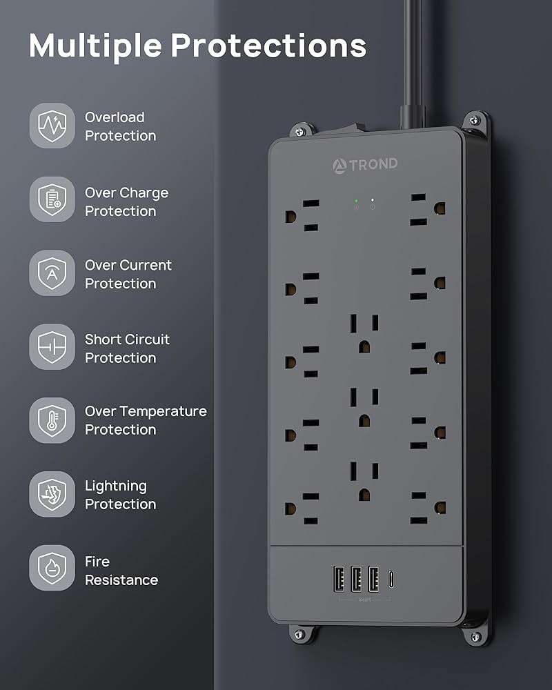TROND Surge Protector Power Strip, 4000 Joules, ETL Listed, 13 Widely-Spaced Outlets Expansion with USB C Ports, Low-Profile Flat Plug, Wall Mountable, 5ft Extension Cord, 14AWG Heavy Duty, Black - Image 8