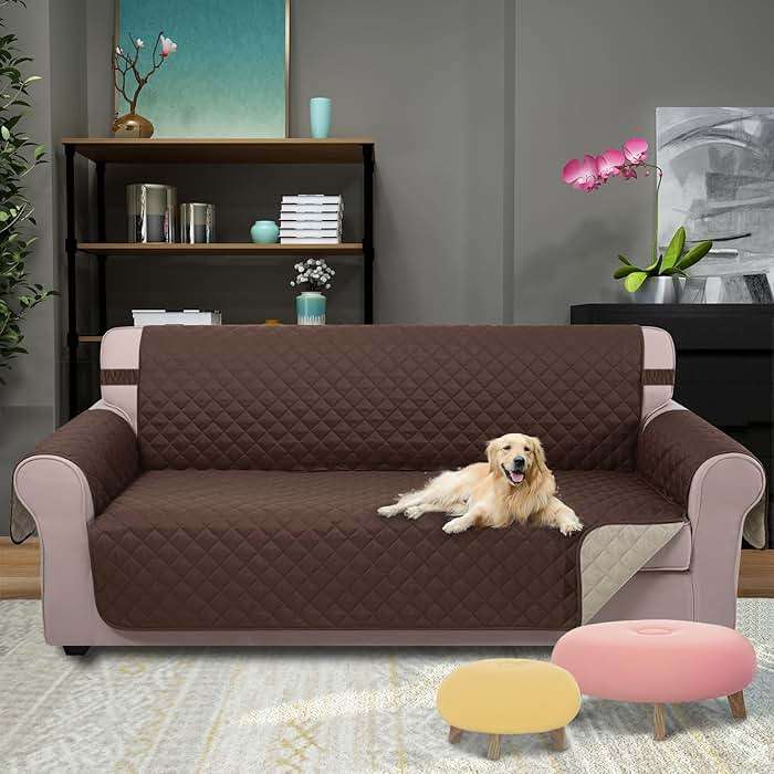 U-NICE HOME Reversible Sofa Cover Washable Couch Cover for Dogs Friendly with Elastic Straps Water Repellent Furniture Protector for 3 Cushion Couch (Sofa, Coffee/Beige) - Image 2