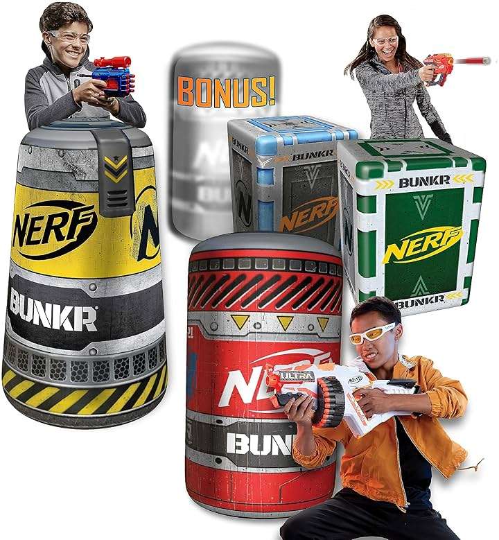 NERF BUNKR Officially Licensed Battle Royale Inflatable Bunker Battlezone - 4 Piece Barricade Set Crates Barrels - Image 1