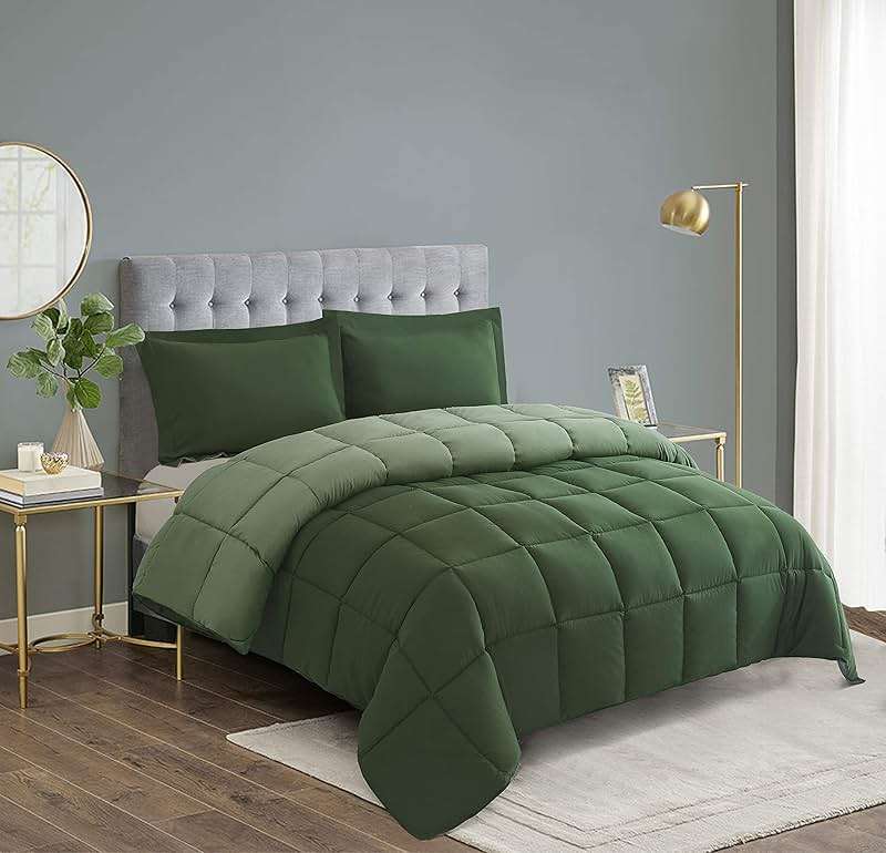 HIG 3pc Green Queen Size Comforter Set - All Season Reversible Down Alternative Bedding Comforter Set - Quilted Duvet Insert with Corner Tabs - Box Stitched Blanket - Breathable, Soft, Fluffy - Image 2