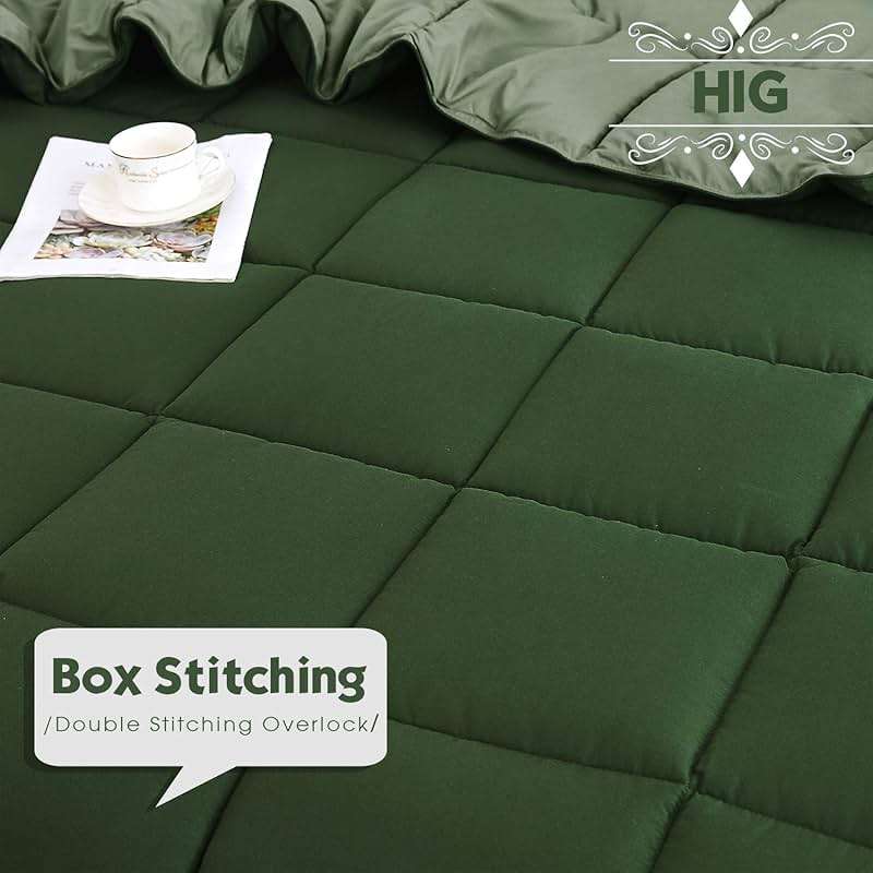 HIG 3pc Green Queen Size Comforter Set - All Season Reversible Down Alternative Bedding Comforter Set - Quilted Duvet Insert with Corner Tabs - Box Stitched Blanket - Breathable, Soft, Fluffy - Image 3