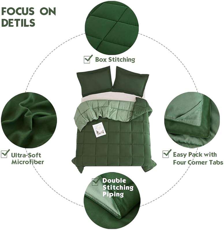 HIG 3pc Green Queen Size Comforter Set - All Season Reversible Down Alternative Bedding Comforter Set - Quilted Duvet Insert with Corner Tabs - Box Stitched Blanket - Breathable, Soft, Fluffy - Image 7