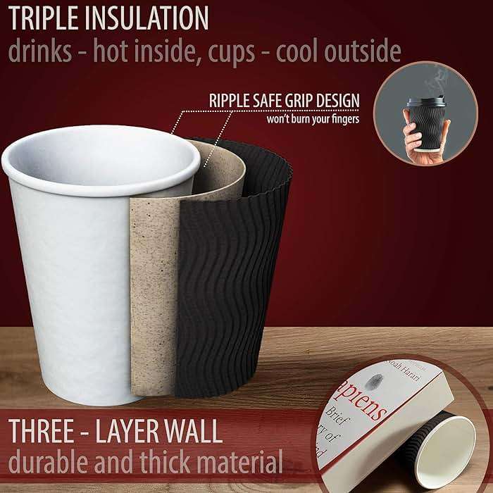 Primens Insulated Disposable Coffee Cups with Lids & Straws 12 oz, 100 Packs - Paper Cups for Hot Beverage Drinks To Go Tea Coffee Home Office Car Coffee Shop Party (Black) - Image 3
