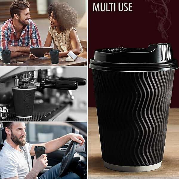 Primens Insulated Disposable Coffee Cups with Lids & Straws 12 oz, 100 Packs - Paper Cups for Hot Beverage Drinks To Go Tea Coffee Home Office Car Coffee Shop Party (Black) - Image 7
