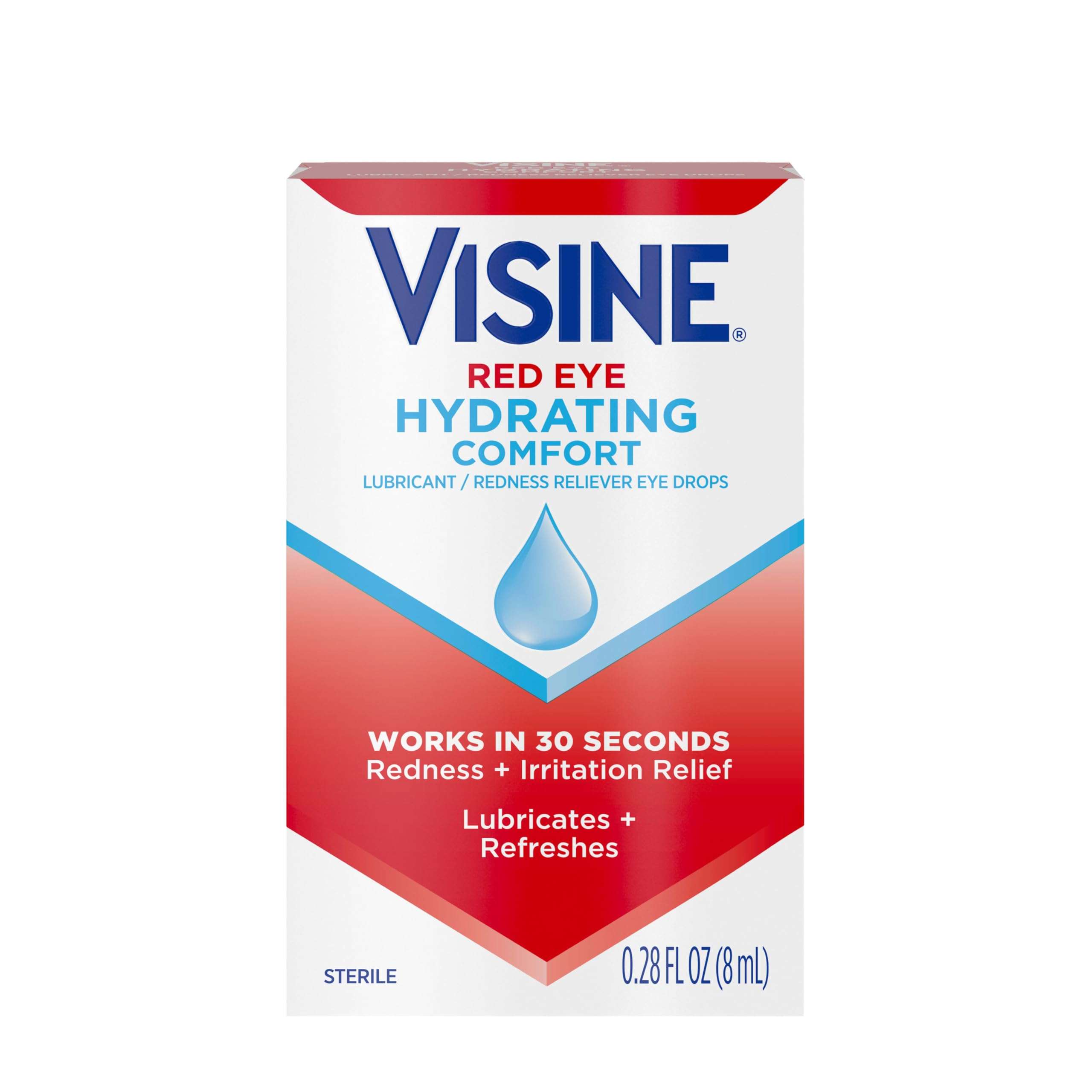 Visine Red Eye Hydrating Comfort Redness Relief and Lubricant Drops to Help Moisturize and Relieve Due to Minor Eye Irritations Fast, Tetrahydrozoline HCl, 0.28 fl. oz - Image 1