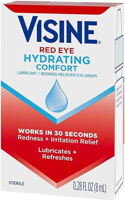 Visine Red Eye Hydrating Comfort Redness Relief and Lubricant Drops to Help Moisturize and Relieve Due to Minor Eye Irritations Fast, Tetrahydrozoline HCl, 0.28 fl. oz - Image 12