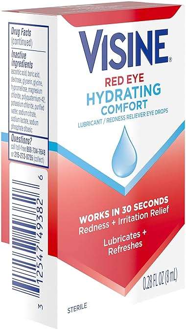 Visine Red Eye Hydrating Comfort Redness Relief and Lubricant Drops to Help Moisturize and Relieve Due to Minor Eye Irritations Fast, Tetrahydrozoline HCl, 0.28 fl. oz - Image 8