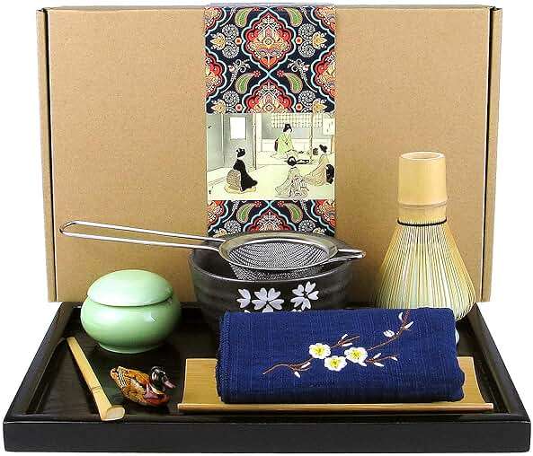 Artcome Japanese Matcha Tea Set, Matcha Whisk, Traditional Scoop, Matcha Bowl, Black Bamboo Tray, Ceramic Whisk Holder, Matcha Caddy, Handmade Matcha Ceremony Kit For Japanese Tea Ceremony (10Pcs) - Image 1