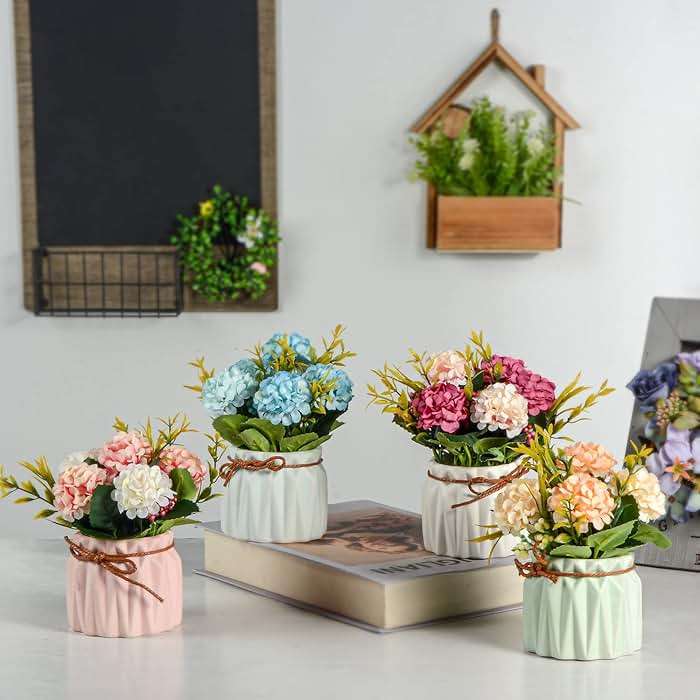 Artificial Flower Plants – Mini Fake Hydrangea Flowers in Pot for Home Decor Party Wedding Office Patio Table Desk Decoration, Set of 4, Size: 3.3''(Diameter) x 5.5''(Tall) - Image 2
