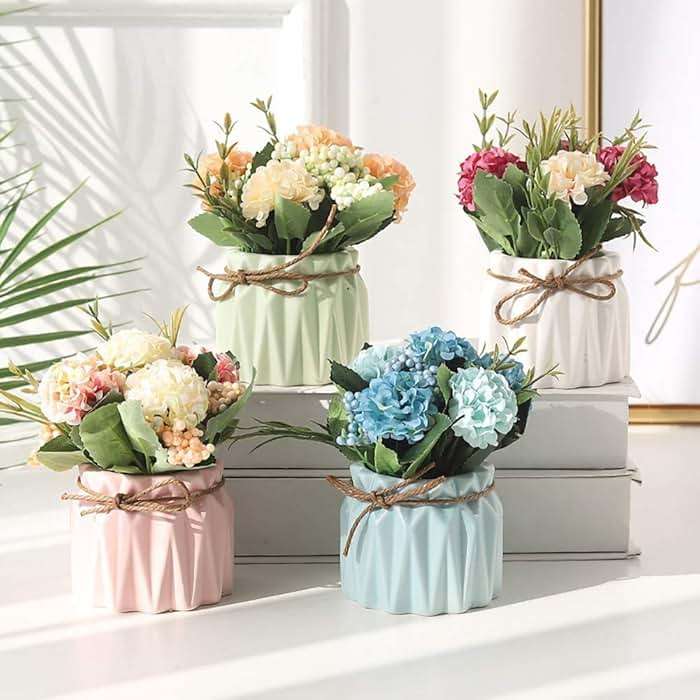 Artificial Flower Plants – Mini Fake Hydrangea Flowers in Pot for Home Decor Party Wedding Office Patio Table Desk Decoration, Set of 4, Size: 3.3''(Diameter) x 5.5''(Tall) - Image 5