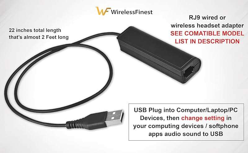 WirelessFinest RJ9 Plug to USB Headset Adapter Compatible with Plantronics Jabra Sennheiser Wireless DECT Headsets for Use with Computers PC Laptop Mac Tablet Window Softphones Devices - Image 2