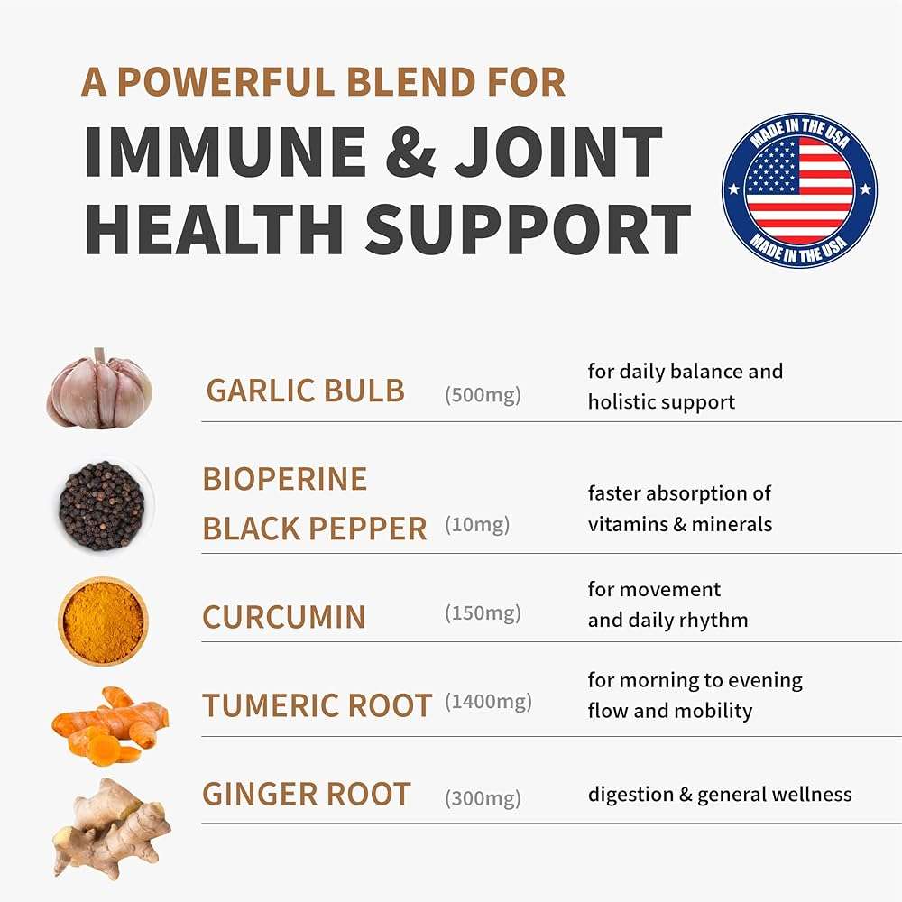 4-in-1 Turmeric Joint Support Supplements with Garlic and BioPerine - 2360 mg High Potency Herbal Blend for Mobility, Everyday Flexibility, Digestive Comfort, and Active Aging Support (120ct) - Image 3