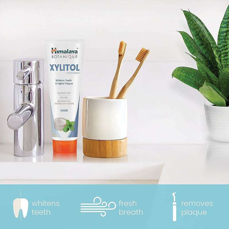 Himalaya Botanique Xylitol Toothpaste, Mint Flavor - Fluoride Free Toothpaste to Whiten Teeth, Fight Plaque and for Fresh Breath - Vegan, Gluten Free, No Artificial Flavors or Colors, 4 oz - Image 4