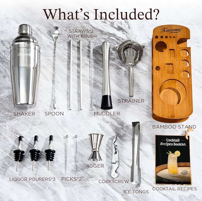 KITESSENSU Cocktail Shaker Set Bartender Kit with Stand | Bar Set Drink Mixer Set with All Essential Accessory Tools: Martini Shaker, Jigger, Strainer, Mixer Spoon, Muddler, Liquor Pourers |Silver - Image 3