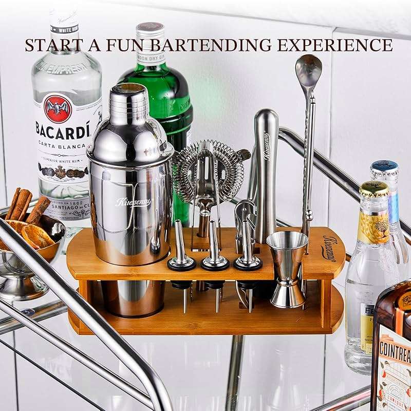KITESSENSU Cocktail Shaker Set Bartender Kit with Stand | Bar Set Drink Mixer Set with All Essential Accessory Tools: Martini Shaker, Jigger, Strainer, Mixer Spoon, Muddler, Liquor Pourers |Silver - Image 4