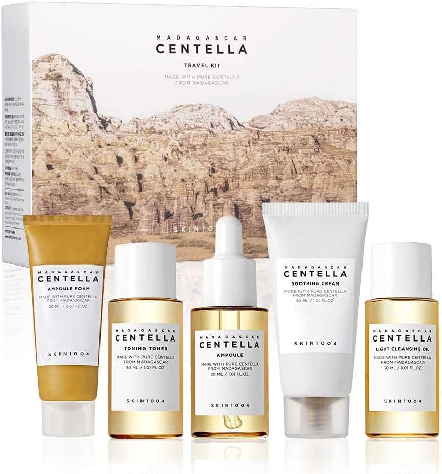 SKIN1004 Madagascar Centella Travel Kit, Toner, Ampoule, Soothing Cream, Cleansing Oil, Ampoule Foam, Basic Skincare Trial Kit Box , Gift Sets for Mom, Women & Mothers Day, Compact Size - Image 1