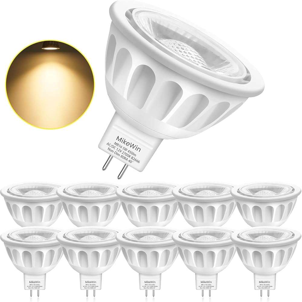 MikeWin MR16 LED Bulb 10Pack,5W 12V, GU5.3 Bi-Pin Base,50-Watt Equivalent,2700K Warm White,Non-Dimmable MR16 LED Spot Light Bulbs for Indoor Outdoor Landscape Track Lighting - Image 1