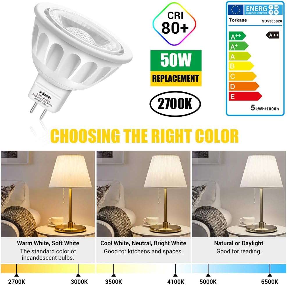 MikeWin MR16 LED Bulb 10Pack,5W 12V, GU5.3 Bi-Pin Base,50-Watt Equivalent,2700K Warm White,Non-Dimmable MR16 LED Spot Light Bulbs for Indoor Outdoor Landscape Track Lighting - Image 8