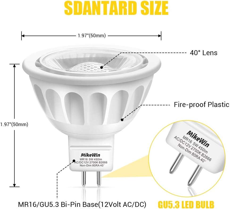 MikeWin MR16 LED Bulb 10Pack,5W 12V, GU5.3 Bi-Pin Base,50-Watt Equivalent,2700K Warm White,Non-Dimmable MR16 LED Spot Light Bulbs for Indoor Outdoor Landscape Track Lighting - Image 9