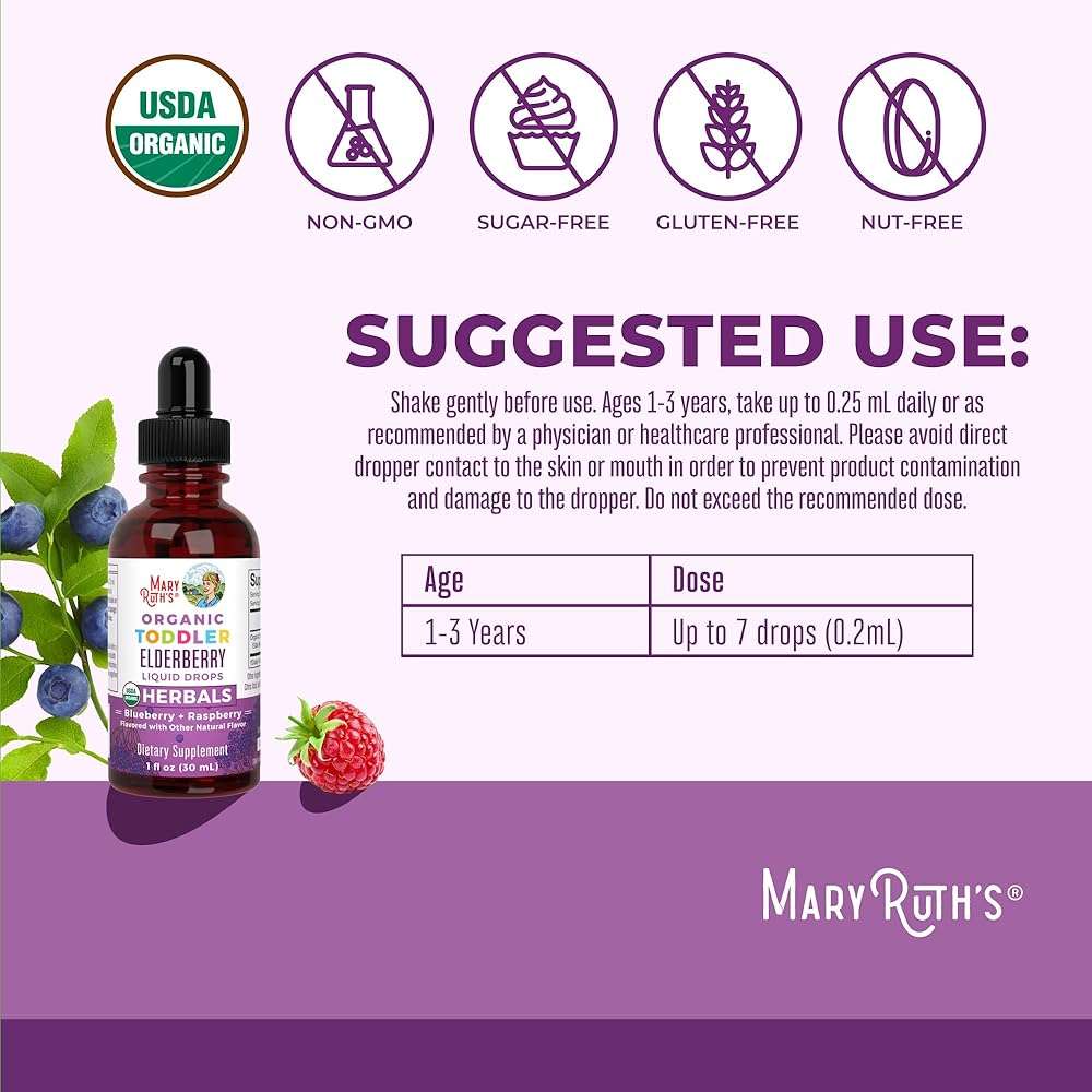 MARYRUTH'S Toddler Elderberry Syrup, USDA Organic Elderberry, Sugar Free Kids Immune Support Supplement for Ages 1-3 Years, Clean Label Project Verified®, Vegan, Non-GMO, Gluten Free, 1 Fl Oz - Image 3