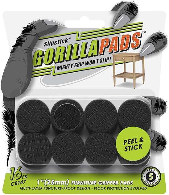Slipstick GorillaPads CB147 Non Slip Furniture Pads/Gripper Feet (Set of 16) Self Adhesive Rubber Floor Protectors, 1 inch Round, Black - Image 1