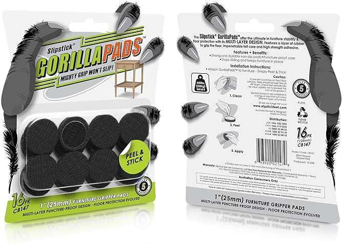 Slipstick GorillaPads CB147 Non Slip Furniture Pads/Gripper Feet (Set of 16) Self Adhesive Rubber Floor Protectors, 1 inch Round, Black - Image 4