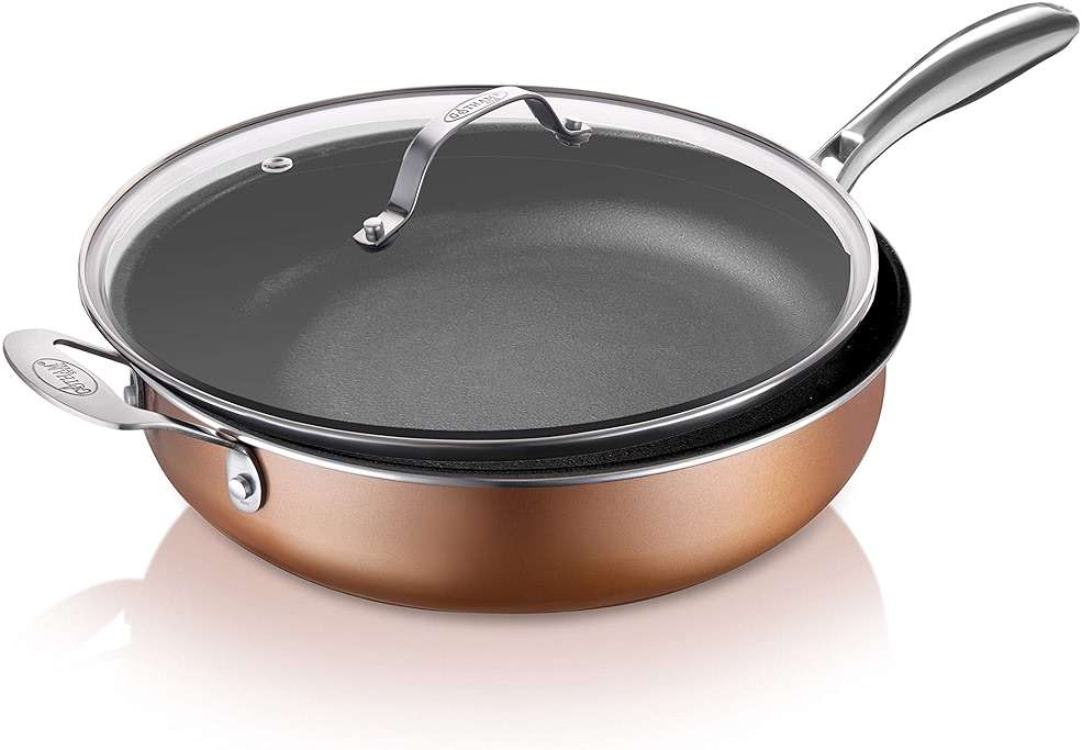 Gotham Steel Sauté Pan with Lid – 5.5 Quart Multipurpose Nonstick Jumbo Cooker with Glass Lid, Stainless Steel Handle & Helper Handle, Oven & Dishwasher Safe, 100% PFOA FREE - Image 1