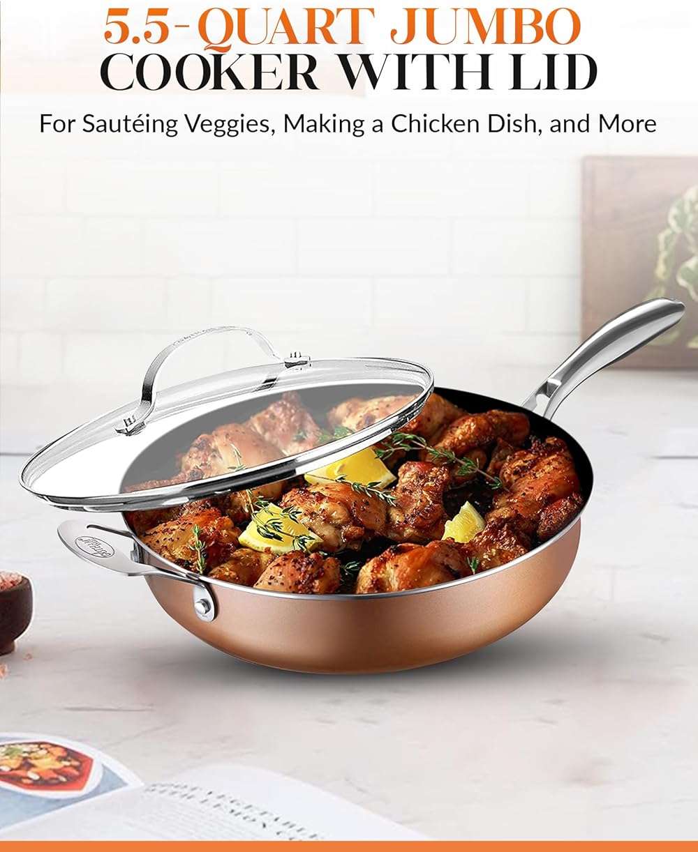 Gotham Steel Sauté Pan with Lid – 5.5 Quart Multipurpose Nonstick Jumbo Cooker with Glass Lid, Stainless Steel Handle & Helper Handle, Oven & Dishwasher Safe, 100% PFOA FREE - Image 2