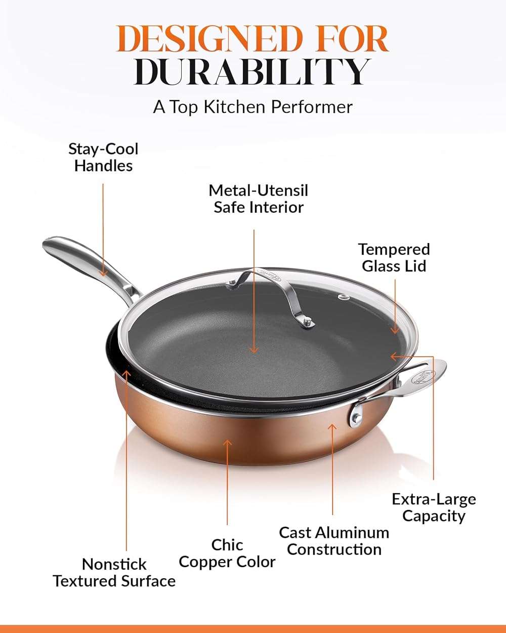 Gotham Steel Sauté Pan with Lid – 5.5 Quart Multipurpose Nonstick Jumbo Cooker with Glass Lid, Stainless Steel Handle & Helper Handle, Oven & Dishwasher Safe, 100% PFOA FREE - Image 5