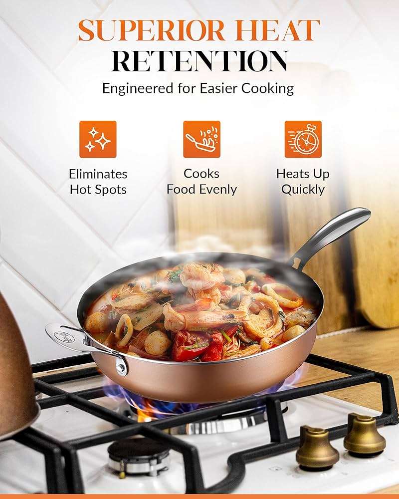Gotham Steel Sauté Pan with Lid – 5.5 Quart Multipurpose Nonstick Jumbo Cooker with Glass Lid, Stainless Steel Handle & Helper Handle, Oven & Dishwasher Safe, 100% PFOA FREE - Image 6