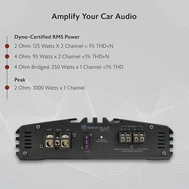 Rockville RVT-1 2-Channel Car Amplifier, 1000W Peak/250W RMS, Class-AB, MOSFET Power Supply, Bass EQ, Crossover, Perfect for Subwoofers and Car Audio - Image 8