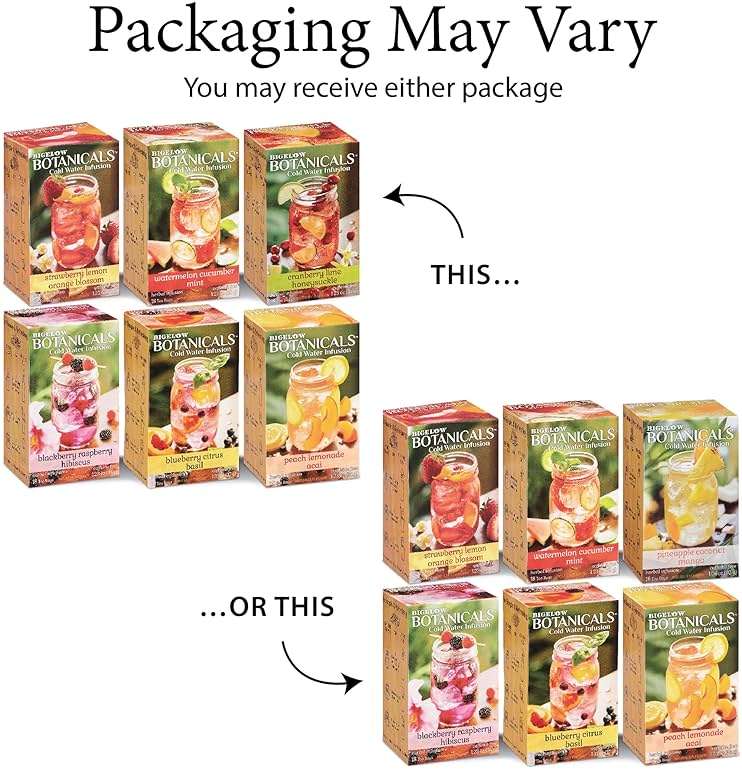 Bigelow Botanicals Cold Water Infusion Herbal Variety Pack, Caffeine Free Tea with Cranberry, Watermelon, Blackberry, Strawberry, Peach & Blueberry Flavor, 18 Count Box (Pack of 6), 108 Total Tea Bags - Image 2