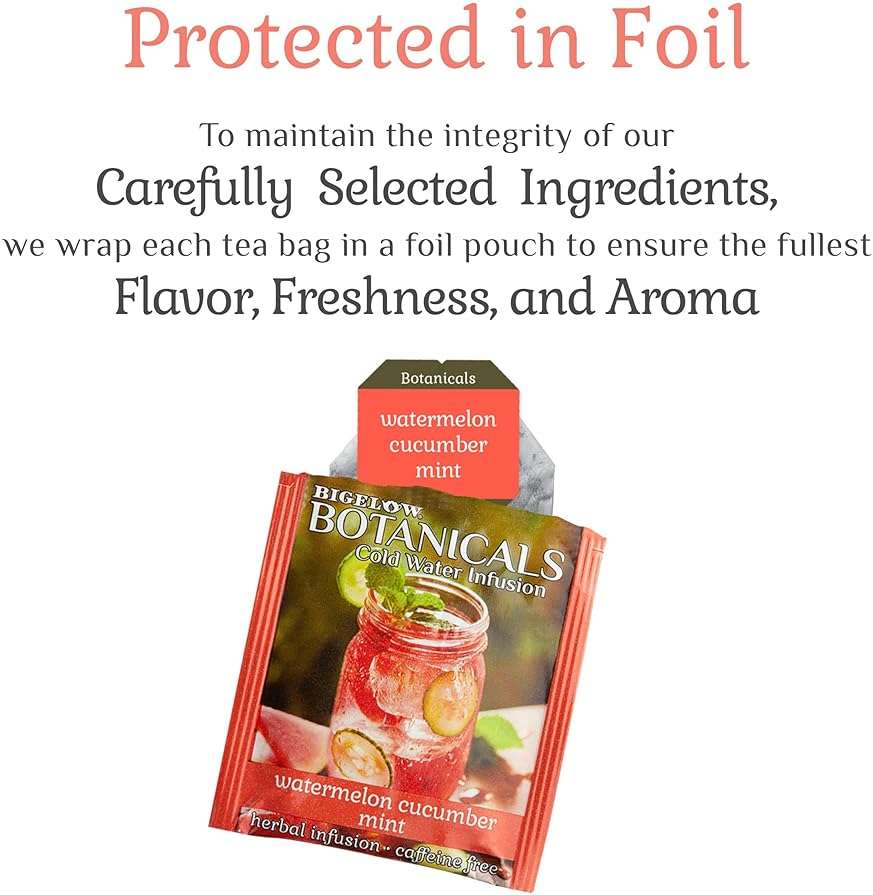 Bigelow Botanicals Cold Water Infusion Herbal Variety Pack, Caffeine Free Tea with Cranberry, Watermelon, Blackberry, Strawberry, Peach & Blueberry Flavor, 18 Count Box (Pack of 6), 108 Total Tea Bags - Image 4