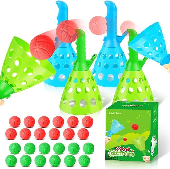 Duckura Outdoor Indoor Game Activities for Kids, Pop-Pass-Catch Ball Game with 4 Catch Launcher Baskets and 24 Balls, Easter Basket Stuffers Gifts Party Favors Beach Sport Toys for Kids Age 5 6 7 8 9+ - Image 1