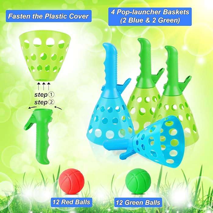 Duckura Outdoor Indoor Game Activities for Kids, Pop-Pass-Catch Ball Game with 4 Catch Launcher Baskets and 24 Balls, Easter Basket Stuffers Gifts Party Favors Beach Sport Toys for Kids Age 5 6 7 8 9+ - Image 4