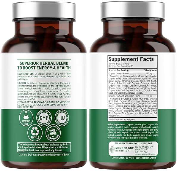 Number One Nutrition USDA Organic and Easy-to-Take Super Greens, Better Than Powder Fruits & Veggies Supplement with 28 Superfood Ingredients Like Alfalfa, Beet Root and Ginger, 60 Tablets - Image 2